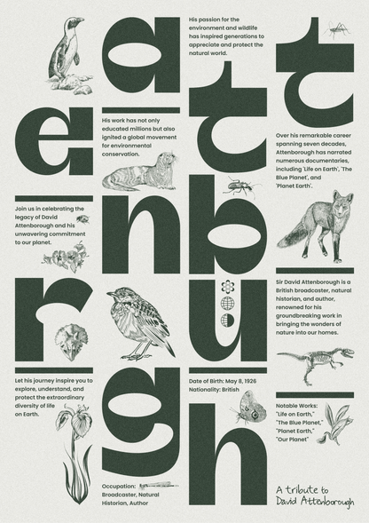 "High-resolution image of the Celebrating David Attenborough poster, featuring hand-drawn nature illustrations, elegant typography, and a clean, column-based layout inspired by natural history museums.