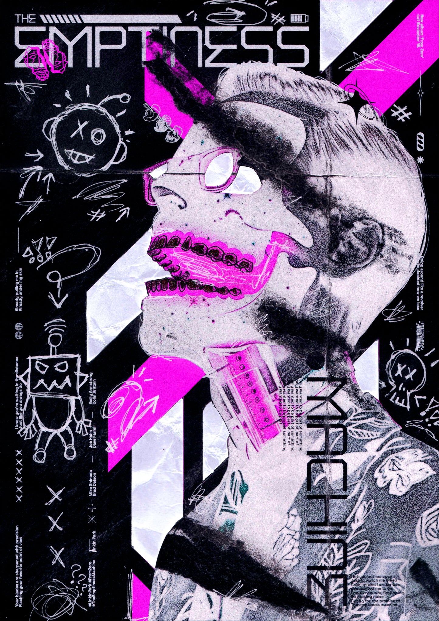 High-resolution image of The Emptiness Machine poster, featuring a spiritual dead cyborg against a bold pink backdrop, with hand-drawn skulls, robots, and grunge textures.