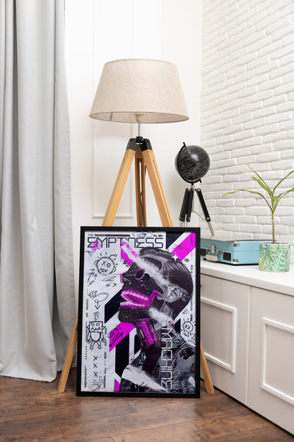 The Emptiness Machine poster framed in black, showcasing a spiritual cyborg, white background with pink highlights, and fine marker details, styled in an adventure-themed room with a globe.