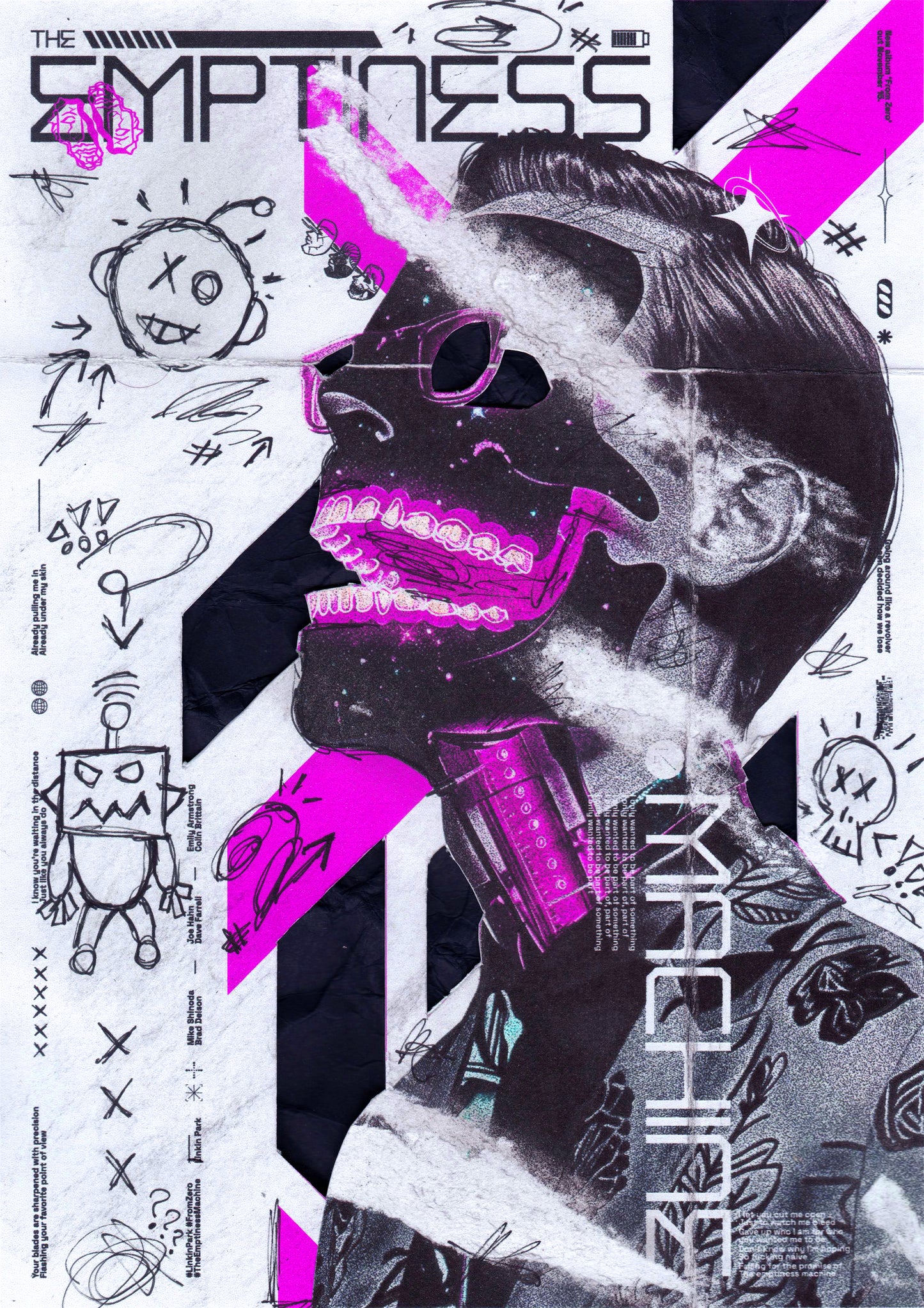 High-resolution image of The Emptiness Machine poster with a white background and pink accents, featuring a spiritual dead cyborg, hand-drawn skulls, robots, and intricate grunge textures.