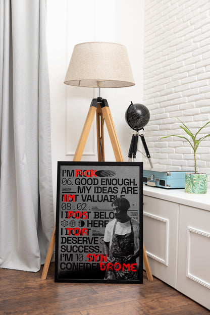 Impostor Syndrome poster framed in black, showcasing meticulous typography, expressive red brushstrokes, and an African artist figure, styled in an adventure-themed room with a globe.