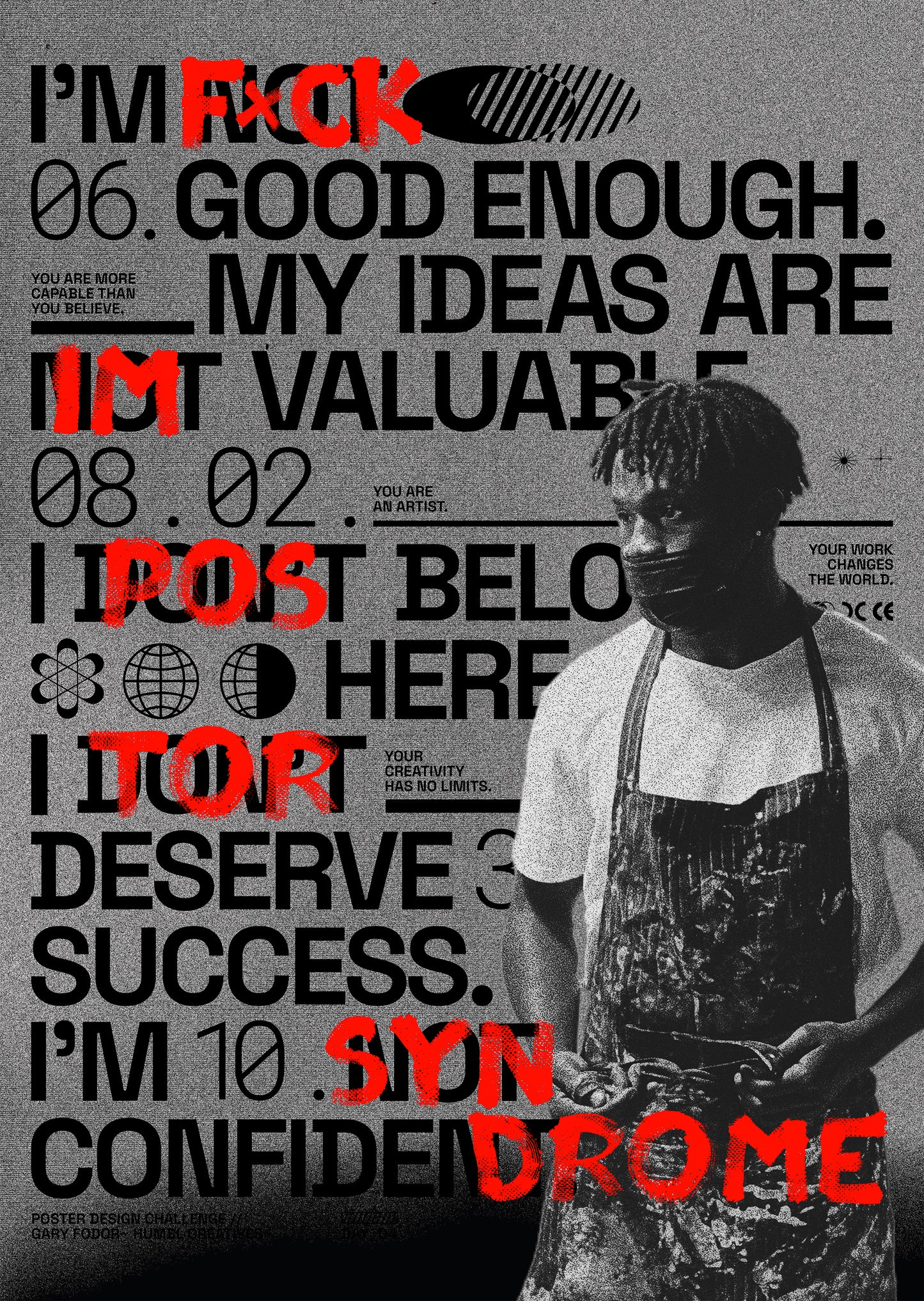 High-resolution image of the Impostor Syndrome poster, featuring bold typography, vibrant red brushstrokes transforming negative phrases into affirmations, and a figure of an African artist in a paint-streaked apron.