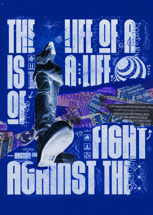 High-resolution image of the Life of a Designer mixed-media poster featuring a hoodie-clad figure, torn design, and layered newspaper clippings.