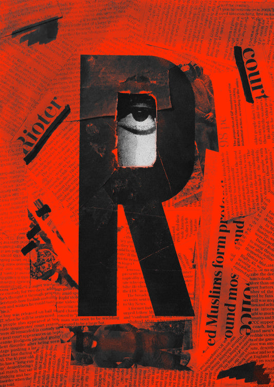 High-resolution image of the Racism mixed-media poster, featuring real newspaper clippings and a large analog 'R' letter with a cutout revealing a sorrowful African eye beneath.