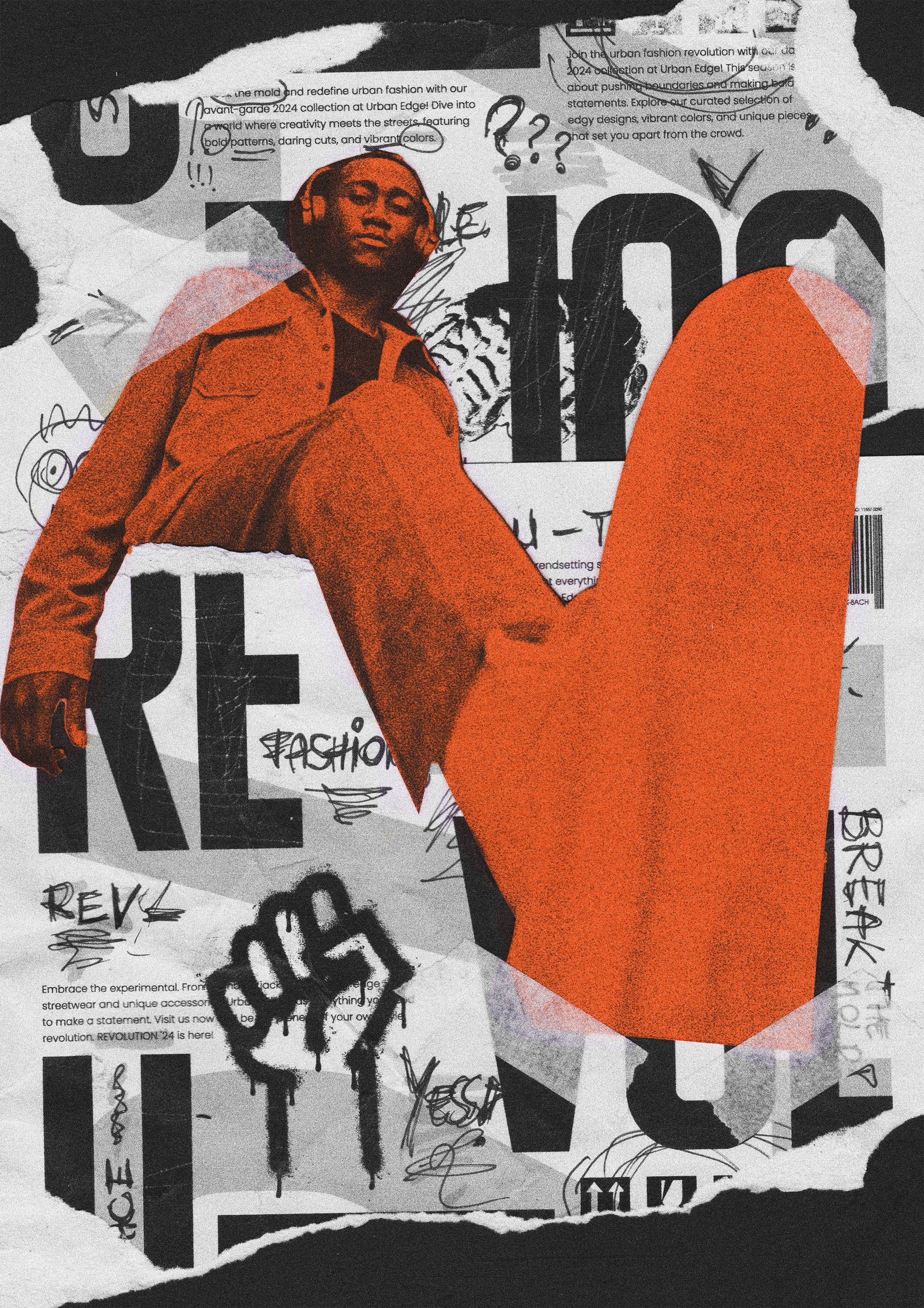 High-resolution image of the Revolution poster, featuring an African figure stepping out of layered torn paper with bold typography celebrating urban fashion.